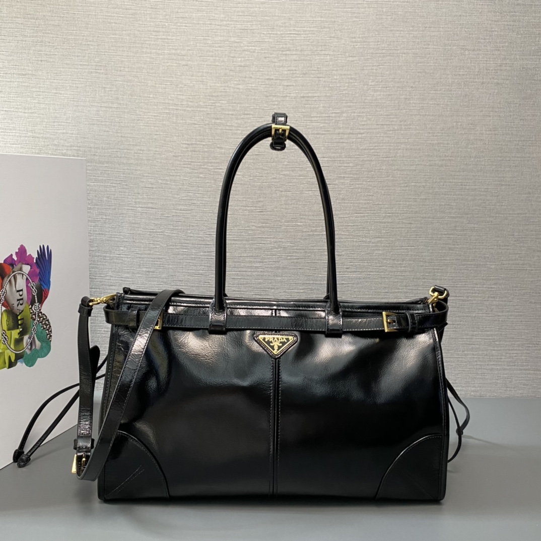 Prada Large LusSolf Leather Handbag Bag Tote Black 1BA433